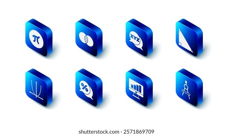 Set Mathematics sets A and B, XYZ Coordinate system, Triangle math, Drawing compass, Computer monitor with graph chart, Discount percent tag, Graph, schedule, diagram and Pi symbol icon. Vector