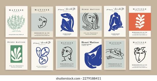 Ein Set von Matisse inspirierten abstrakten Kunstwerken umfasst minimale ästhetische moderne Kunst, boho Dekor Vektorgrafik-Poster. Kollektion für angesagte Blumendekoration und kreative Kunst.