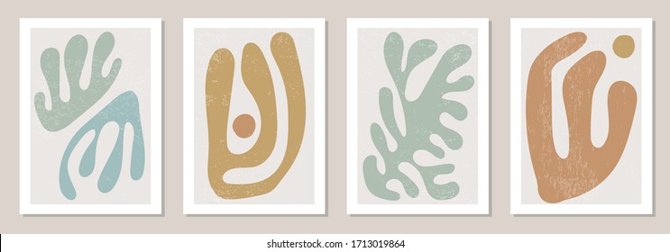 Set of Matisse inspired contemporary collage posters with textured abstract organic shapes in neutral colors, vector illustration