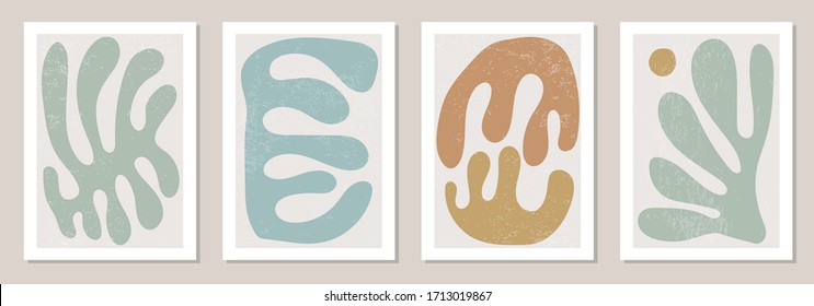 Set of Matisse inspired contemporary collage posters with textured abstract organic shapes in neutral colors, vector illustration