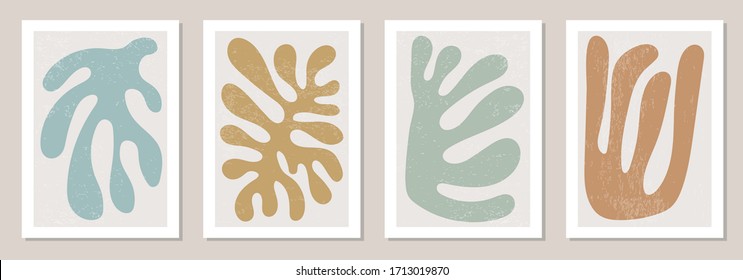 Set of Matisse inspired contemporary collage posters with textured abstract organic shapes in neutral colors, vector illustration