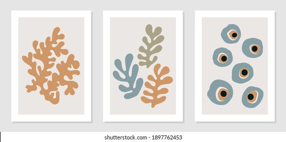 Set of Matisse inspired contemporary collage posters with abstract shapes in neutral colors. Abstract coral posters. Contemporary minimalist organic shapes Matisse style.