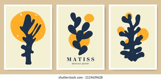 Set of Matisse inspired contemporary collage posters with textured abstract organic shapes in bright colors, vector illustration