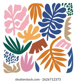 Set of Matisse inspired contemporary collage elements with abstract organic shapes in bright colors for poster, vector illustration