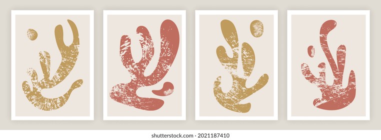 Set of matisse inspired contemporary floral collage posters with textured abstract organic shapes in light pastel background. Abstract templates for creative use. Flat cartoon vector illustration