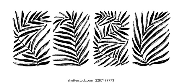 Set of Matisse inspired geometric leaves. Brush drawn black leaves with dry brush texture. Vector contemporary organic shapes. Abstract geometric palm branches in rectangle shapes.