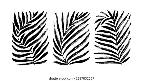 Set of Matisse inspired geometric leaves. Brush drawn black leaves with dry brush texture. Vector contemporary organic shapes. Abstract geometric palm branches in rectangle shapes.