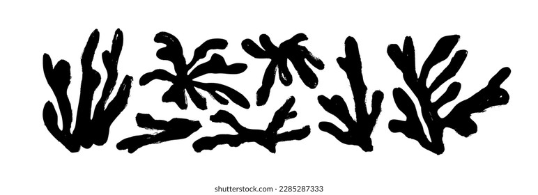 Set of Matisse inspired plant branches. Brush drawn contemporary organic botanical elements. Vector corals and seaweed black silhouettes. Abstract matisse inspired floral illustrations.