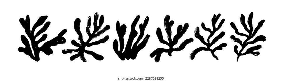 Set of Matisse inspired plant branches. Brush drawn contemporary organic botanical elements. Vector corals and seaweed black silhouettes. Abstract matisse inspired floral illustrations.