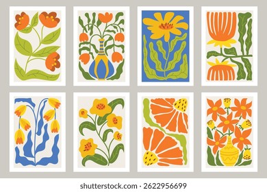 Set of Matisse style colorful Floral Posters featuring bold, abstract botanical shapes in vibrant hues, perfect for modern art decor, creative prints, and contemporary interior design accents.