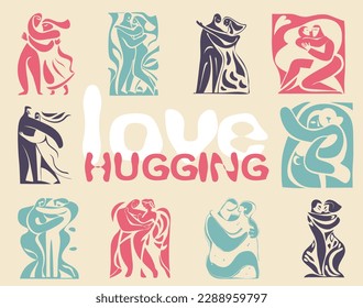 Set of matisse style illustrations with lovers hugging in flat design

