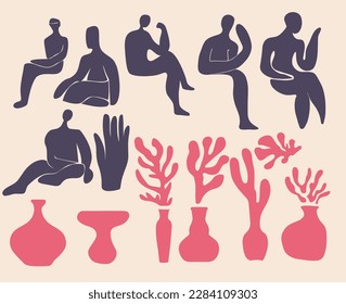 Set of matisse style illustrations with woman in flat design
