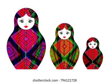 Set Matryoshka icon Russian nesting doll with geometric colorful ornament, colored with felt-tip pens, vector isolated