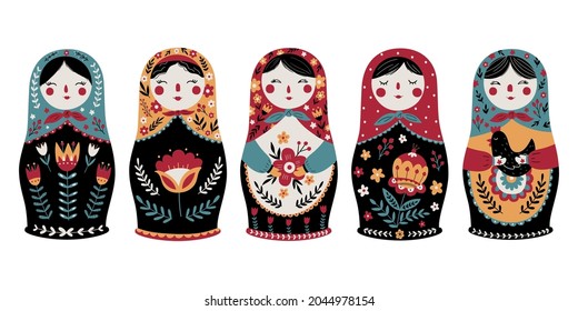 Set of Matryoshka Russian Nesting Doll. Traditional Russian Culture. Folk toy. Babushka doll. Hand drawn vector illustration. 