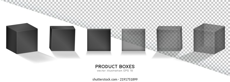 Set of matte black and dark glossy transparent product boxes. 3D realistic mockup of six packages in front and isometric view for your design. Cubes, shipping cases, containers template.