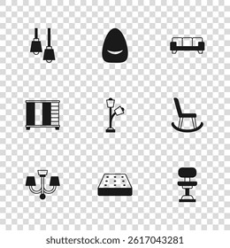 Set Mattress, Armchair, Office, Floor lamp, Sofa, Lamp hanging, Pouf and Wardrobe icon. Vector