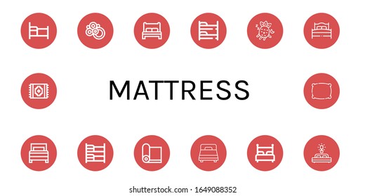 Set of mattress icons. Such as Bed, Carpet, Bunk bed, Sleeping, Yoga mat, Pillow , mattress icons