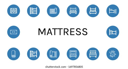 Set of mattress icons. Such as Carpet, Bunk bed, Bed, Roll, Yoga mat, Sleeping, Pillow , mattress icons