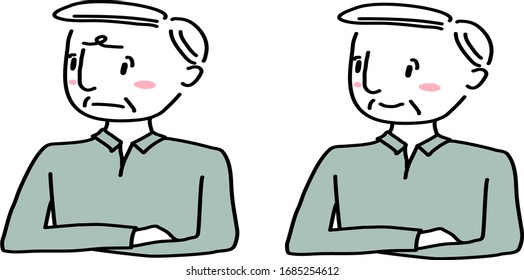 Set of mature man with happy face and unhappy face. Portrait of senior man with folded arms smiling and looking away. Portrait of upset elderly man with folded arms looking away. Hand-drawn vector.