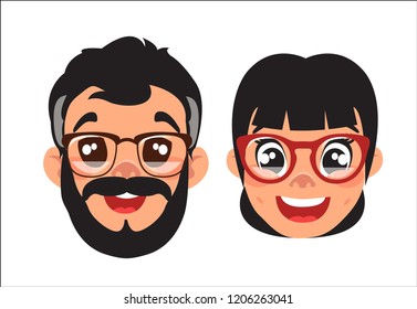set of mature man's and woman's isolated heads cartoon design,, big black eyes, black hair, Asian, Arab, Latino, Caucasian, vector illustration (set 6/8)