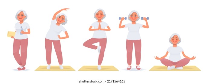 Set Of Mature Woman Character Doing Fitness Or Yoga And Leading An Active Lifestyle. An Elderly Woman Is Doing Exercises. Sports In Old Age. Vector Illustration In Cartoon Style