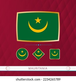 Set von Mauretanienflaggen mit goldenem Rahmen für Sportveranstaltungen auf bordeauxrotem Hintergrund. Vektorgrafik von Flaggen.