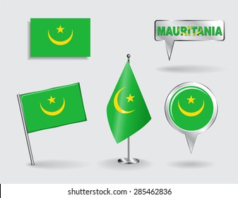 Set of Mauritanian pin, icon and map pointer flags. Vector illustration.