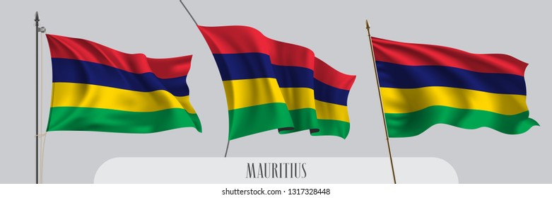 Set of Mauritius waving flag on isolated background vector illustration. 3 red green blue realistic flag as a patriotic symbol 