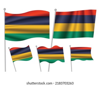 Set of Mauritius waving flag on isolated background vector illustration. 5 wavy realistic flag as a symbol of patriotism
