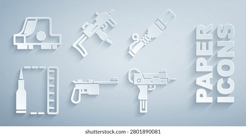 Set Mauser gun, Anti-tank hand grenade, Bullet, UZI submachine, MP9I and Collimator sight icon. Vector
