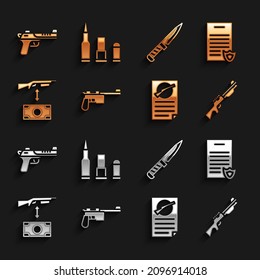Set Mauser gun, Firearms license certificate, Hunting, Buying assault rifle, Military knife, Desert eagle and Bullet icon. Vector