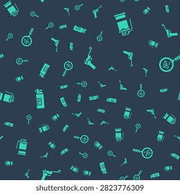 Set Mauser gun, Hand smoke grenade, Weapons oil bottle and Pistol or search on seamless pattern. Vector