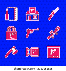 Set Mauser Gun, Hunting Shop Weapon, Military Ammunition Box, Sniper Optical Sight, Wooden Axe, Buying Pistol,  And Bullet Icon. Vector