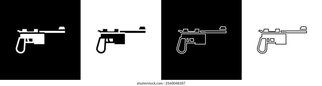 Set Mauser gun icon isolated on black and white background. Mauser C96 is a semi-automatic pistol.  Vector