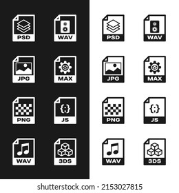 Set MAX file document, JPG, PSD, WAV, PNG and JS icon. Vector