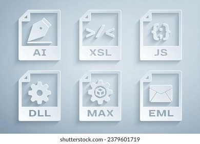 Set MAX file document, JS, DLL, EML, XSL and AI icon. Vector