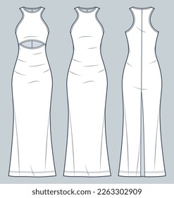 Set of maxi Dress technical fashion illustration. Jersey Dress fashion flat technical drawing template, slim fit, cutout, back slit, front and back view, white color, women CAD mockup set.