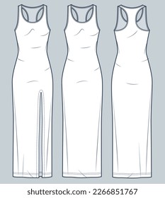 Set of maxi Dress technical fashion illustration. Jersey Tank Top Dress fashion flat technical drawing template, slim fit, front slit, front and back view, white color, women CAD mockup set.