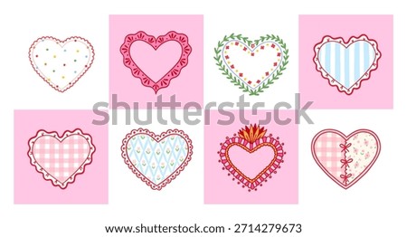 Set of maximalist heart decorated checkered and striped print, polka dot, wavy ribbon, flowers, lace. Symbol of love. Collection whimsical  cottagecore cards design