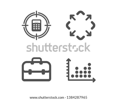 Set of Maximize, Portfolio and Calculator target icons. Dot plot sign. Full screen, Business case, Audit. Presentation graph.  Classic design maximize icon. Flat design. Vector