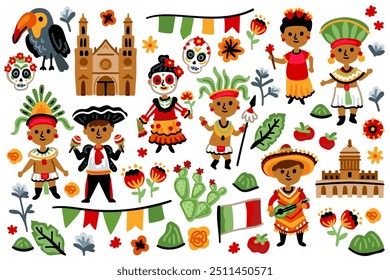 Set of Maya characters, Aztec childish Collection. For children room designs. Pyramid. Cacti, toucan, palm, flowers on white background