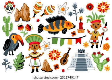 Set of Maya characters, Aztec childish Collection. For children room designs. Pyramid. Cacti, toucan, palm, flowers on white background