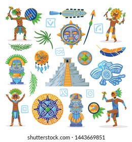 Set of maya civilization color images of tribal jewelry with characters of natives on blank background vector illustration