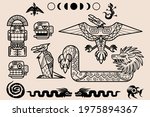 Set of Mayan or Aztec patterns, tribal decorative elements of mexican mesoamerican culture, isolated ethnic ornaments collection. Ancient civilization tattoo of dragon, moon phases and idol with snake