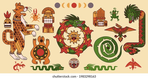 Set of Mayan or Aztec patterns, tribal mexican mesoamerican culture decorative elements, ethnic ornaments dragon, leopard, turtle, moon or sun, bug, idol with snake. Ancient civilization vector tattoo