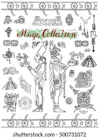 Set with Mayan, inca or aztecs mystic symbols and indian people. Pattern vector illustration and doodle drawing for design. Graphic glyphs and icons for coloring book