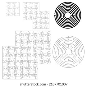 Set of maze in different geometric shapes - rectangles and circle vector isolated on white background, Find the way puzzles for children vector illustration