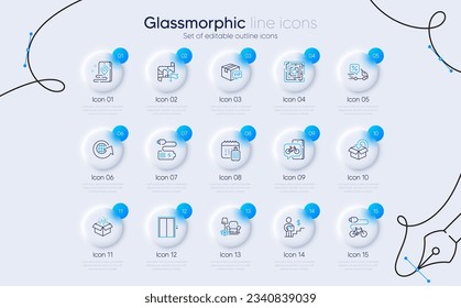 Set of Maze, Electric bike and Destination flag line icons for web app. Open box, Return package, Battery icons. Delivery man, Place, Bike app signs. Packing things, Delivery discount, Lift. Vector