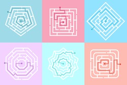 Set Of Maze Game Labyrinth. Labyrinth Shape Design Element. Labyrinth Games Of Different Shapes And Complexity. One Sure Way, Find Your Way To The Center. Vector Illustration