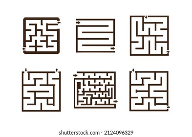 Set of maze. Isolated simple square maze black line on white background. Vector illustration.